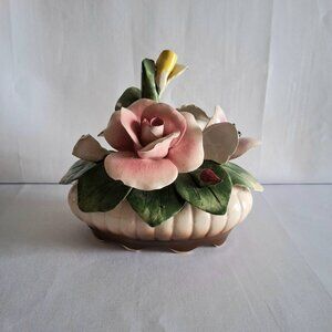 Vintage Nuova Capodimonte Pink And Yellow Porcelain Flower Bowl